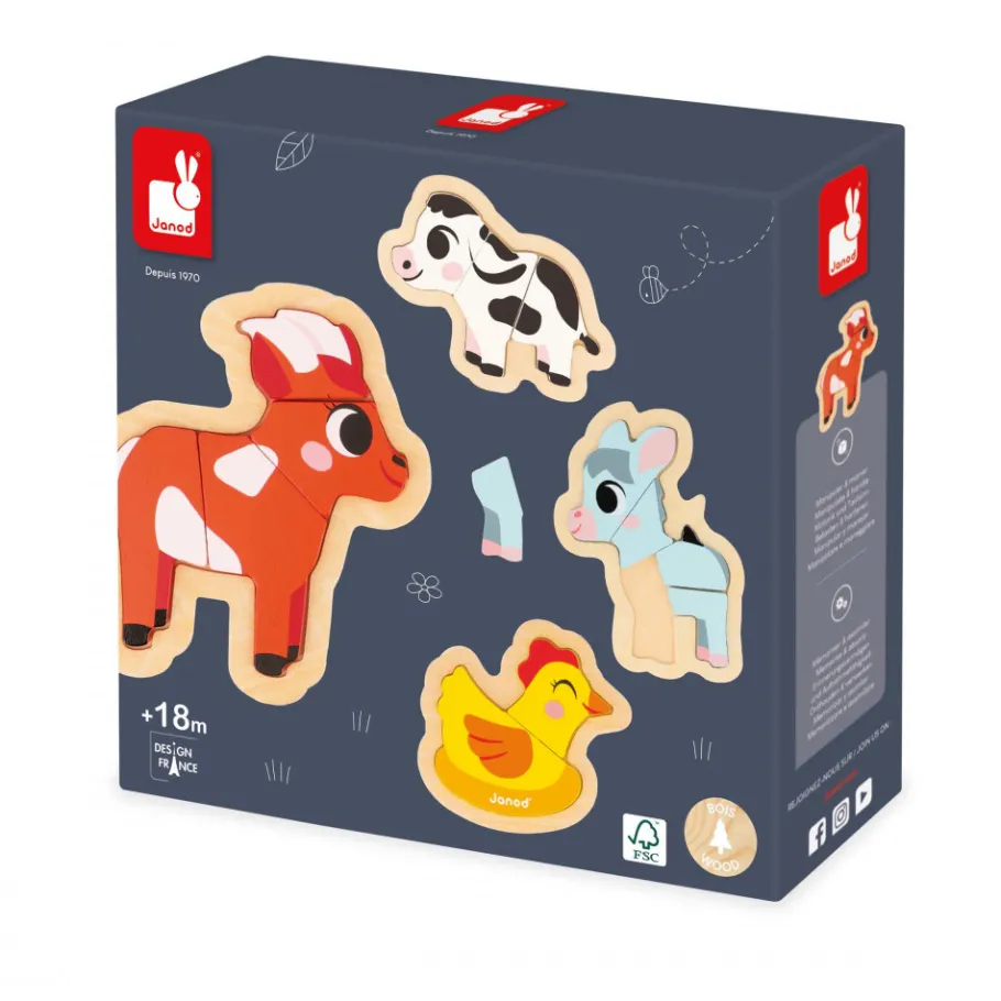 Janod 4 Puzzles Evolutifs Ferme* Tracteurs & Animaux De La Ferme|Puzzles En Bois Premier Âge