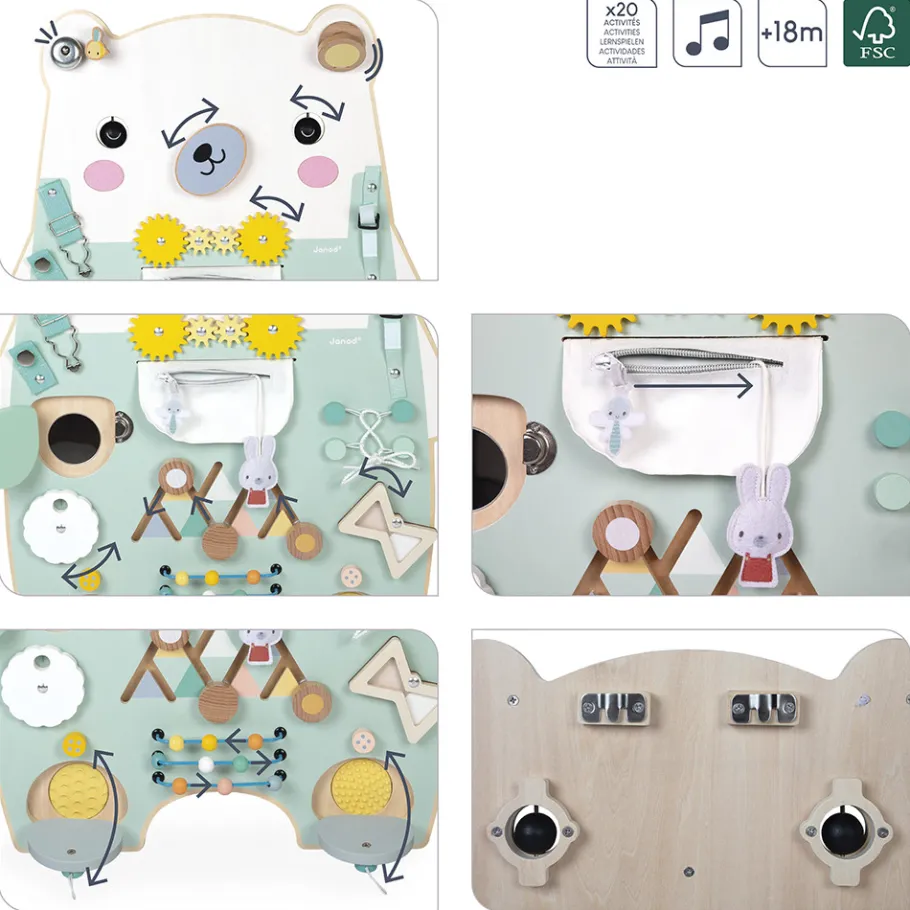 Janod Busy-board Ourson en bois Pure* Bouliers, Loopings & Panneaux D'Activités|Manipulation & Encastrement