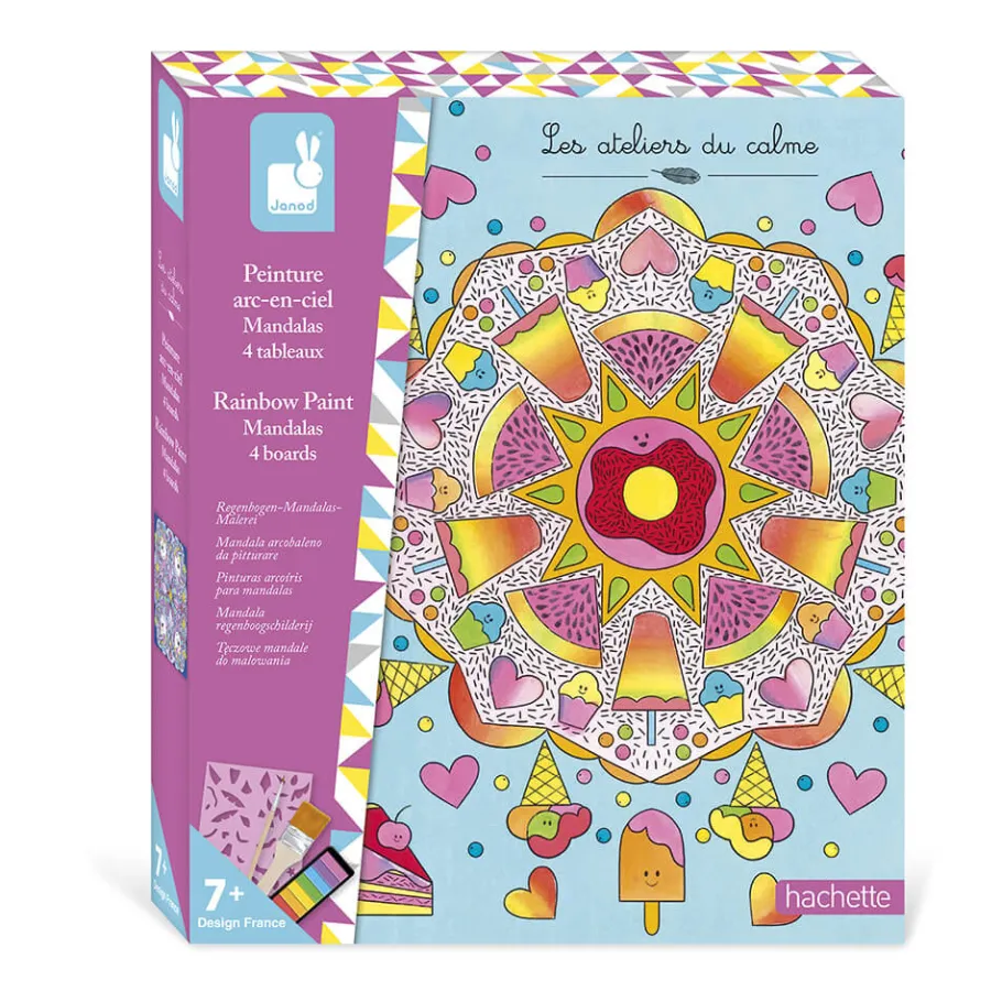 Janod Kit Créatif - 4 Tableaux Peinture Arc-en-Ciel Mandala* Peinture Par Numéro & Coloriage