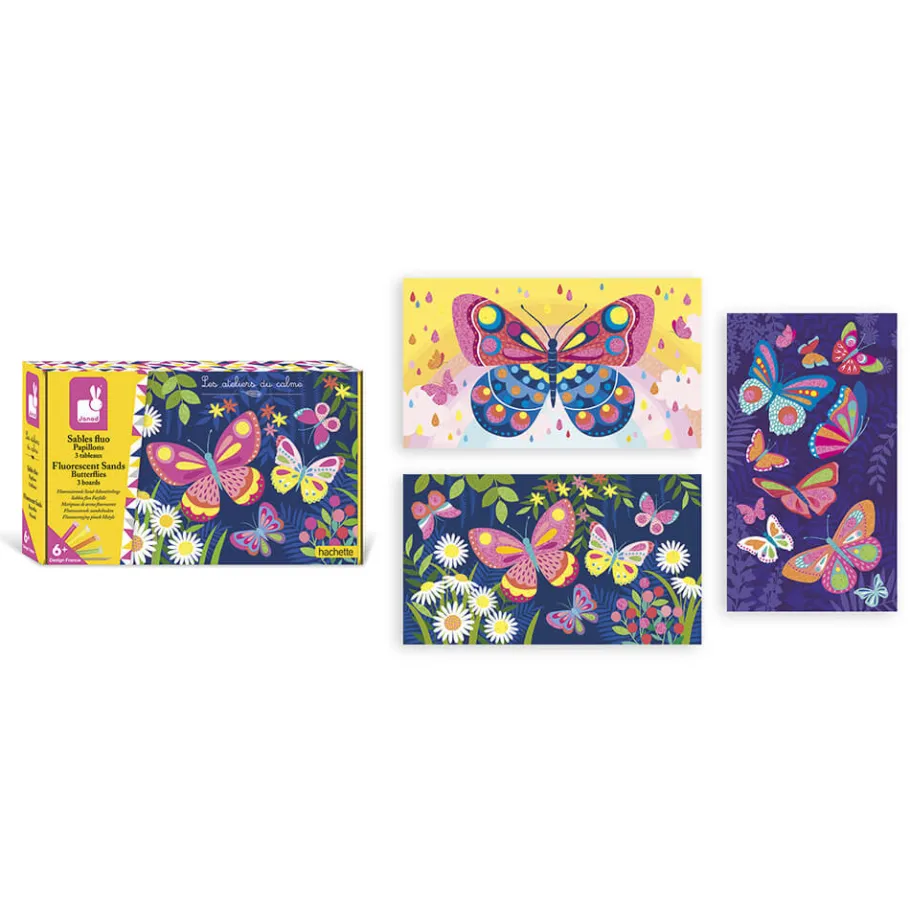 Janod Kit Créatif - Coffret Sables fluo Papillons* Sable, Paillettes, Dorure & Strass|Collection "Les Ateliers Du Calme"