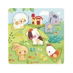 Janod Puzzle tactile Ferme 5 pièces* Tracteurs & Animaux De La Ferme|Puzzles En Bois Premier Âge