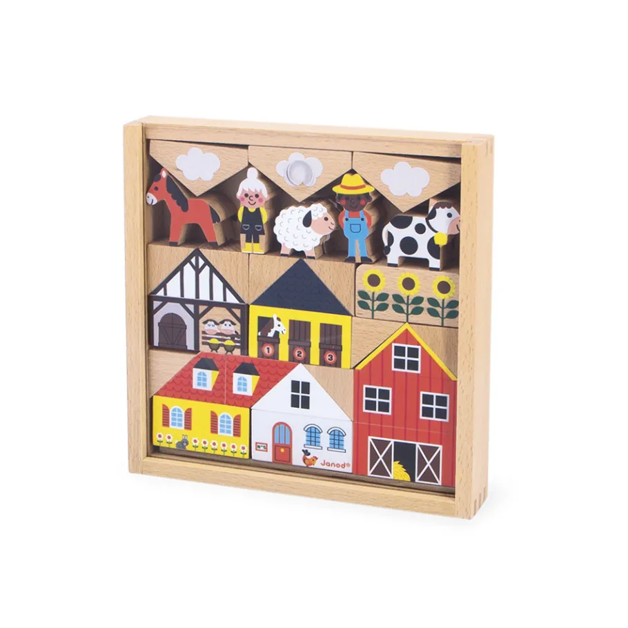 Janod Set de 34 cubes en bois Campagne - Cross Roads* Jeux De Construction|Tracteurs & Animaux De La Ferme