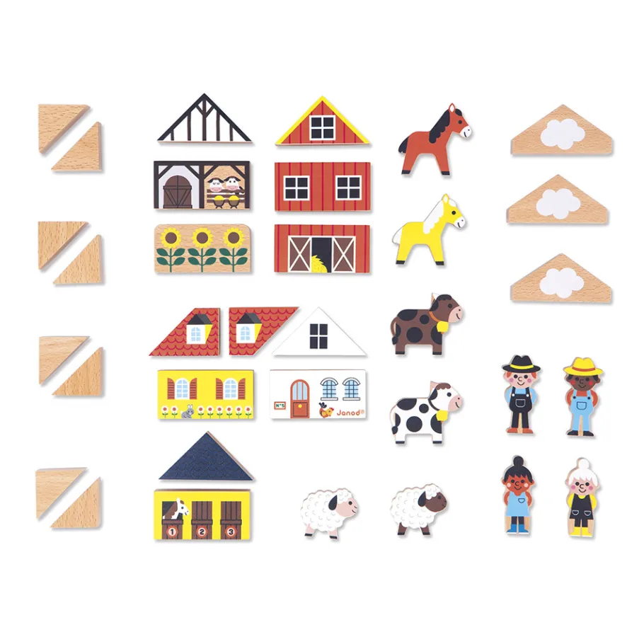 Janod Set de 34 cubes en bois Campagne - Cross Roads* Jeux De Construction|Tracteurs & Animaux De La Ferme