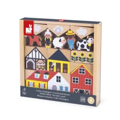 Janod Set de 34 cubes en bois Campagne - Cross Roads* Jeux De Construction|Tracteurs & Animaux De La Ferme
